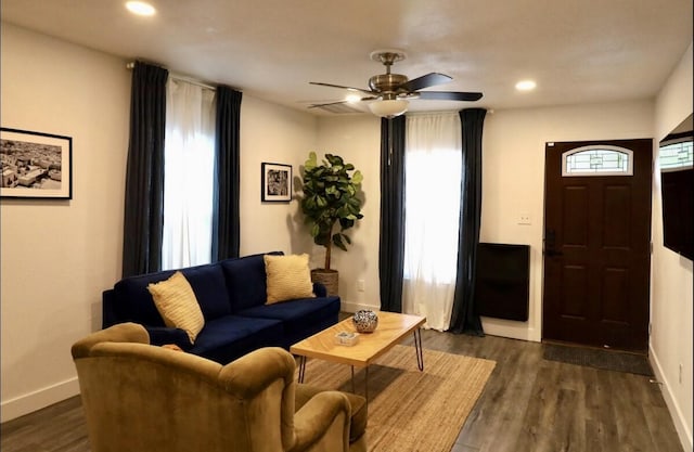 3612 Mt Vernon Ave, Fort Worth, TX 76103 - living area with dark wood-style flooring, ceiling fan, and recessed lighting