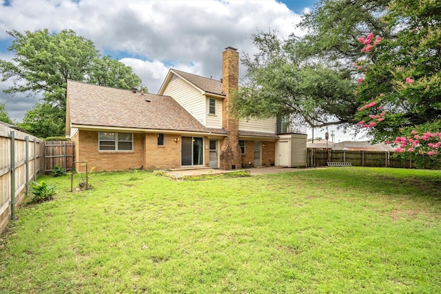 200 Hillcrest Ct, Irving, TX 75062 - back of property featuring brick siding, a patio area, a fenced backyard, roof with shingles, and a chimney