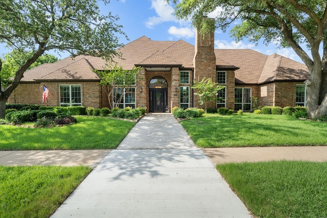 4609 Huffman Ct, Plano, TX 75093 - view of front of house featuring a front lawn, brick siding, and a chimney