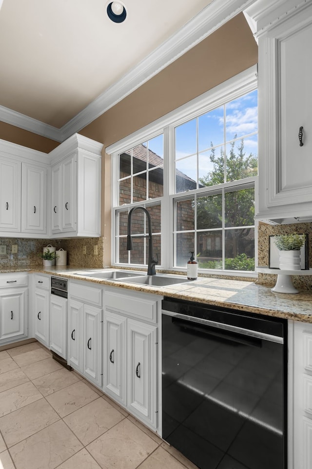 4609 Huffman Ct, Plano, TX 75093 - kitchen featuring dishwasher, ornamental molding, decorative backsplash, white cabinetry, and light stone countertops
