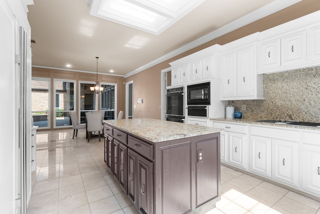 4609 Huffman Ct, Plano, TX 75093 - kitchen featuring black appliances, a chandelier, white cabinetry, decorative backsplash, and dark brown cabinets