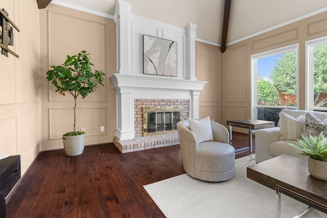 4609 Huffman Ct, Plano, TX 75093 - living area featuring a decorative wall, dark wood-style floors, a brick fireplace, beamed ceiling, and high vaulted ceiling