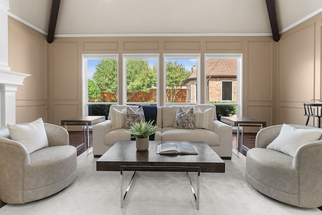 4609 Huffman Ct, Plano, TX 75093 - living area with a decorative wall, beam ceiling, high vaulted ceiling, healthy amount of natural light, and decorative columns