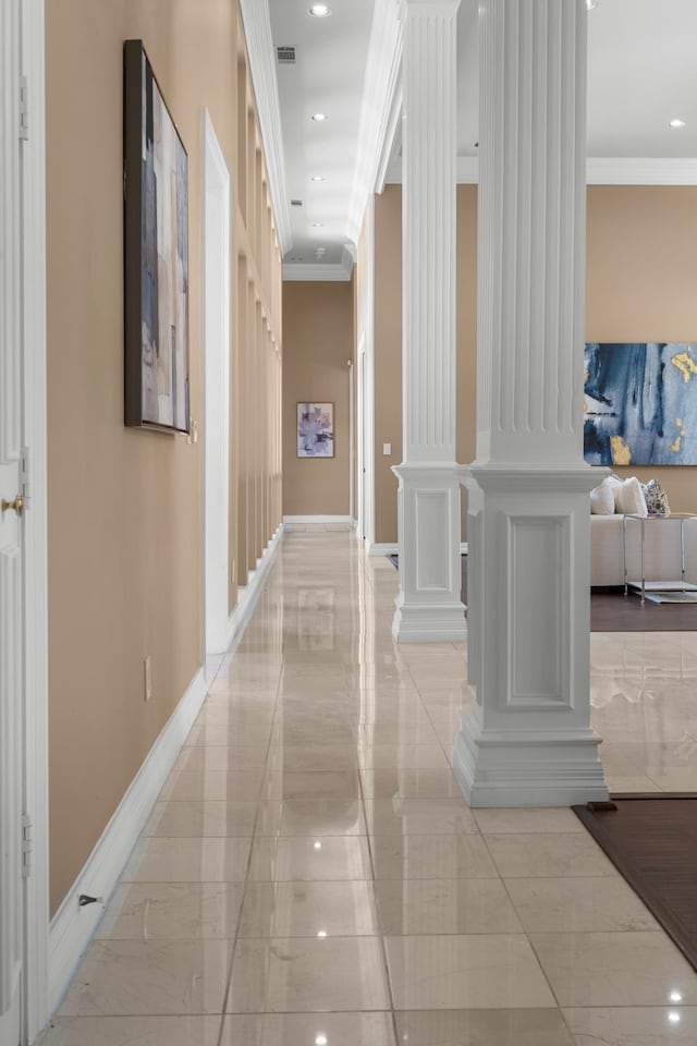 4609 Huffman Ct, Plano, TX 75093 - hallway featuring decorative columns, light marble finish floors, recessed lighting, and ornamental molding
