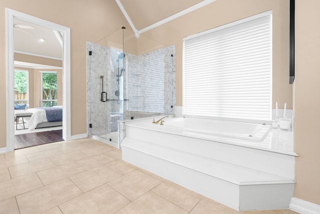 4609 Huffman Ct, Plano, TX 75093 - ensuite bathroom featuring crown molding, a garden tub, a stall shower, tile patterned floors, and a ceiling fan