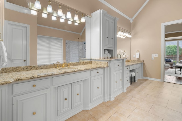4609 Huffman Ct, Plano, TX 75093 - bathroom featuring vanity, a stall shower, ornamental molding, tile patterned floors, and lofted ceiling