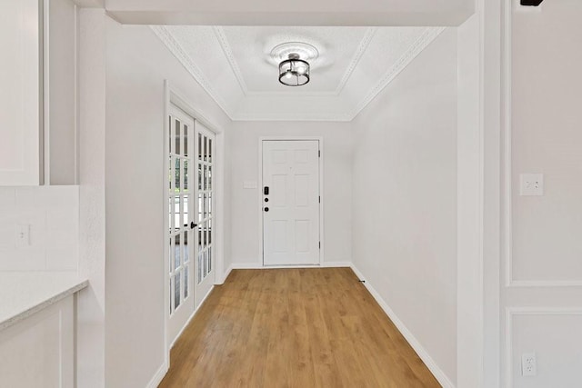4103 Steeplewood Ct, Arlington, TX 76016 - entryway featuring french doors, light wood-style floors, baseboards, and crown molding