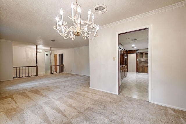 1013 Mountain Ter, Hurst, TX 76053 - empty room featuring a chandelier, ornamental molding, a textured ceiling, and carpet floors