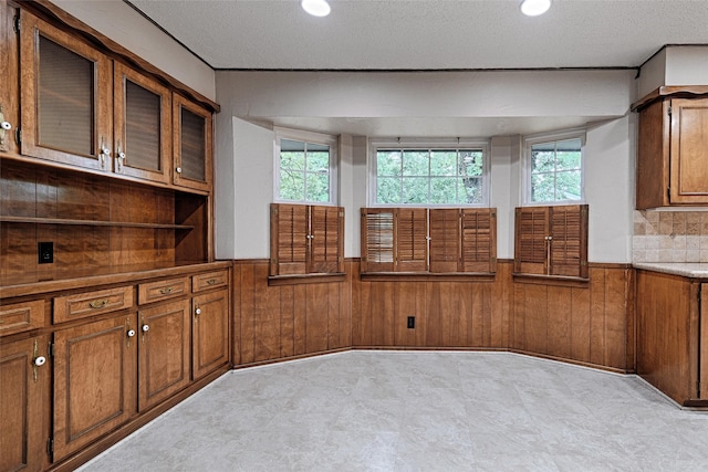 1013 Mountain Ter, Hurst, TX 76053 - unfurnished dining area with a wainscoted wall, healthy amount of natural light, wood walls, light flooring, and a textured ceiling