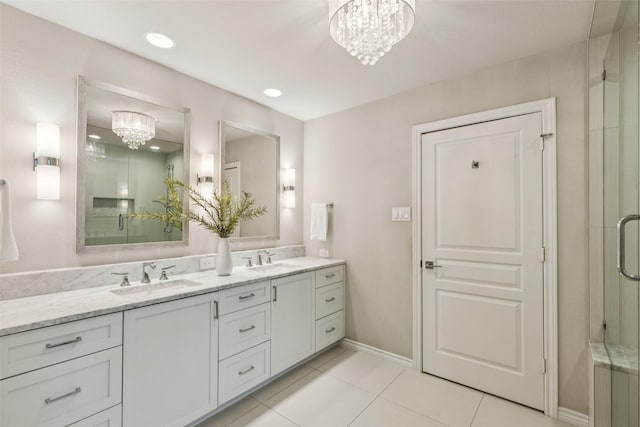 6303 Meadow Rd, Dallas, TX 75230 - bathroom with a chandelier, double vanity, tile patterned flooring, a stall shower, and recessed lighting