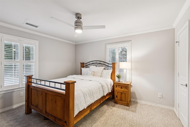 6303 Meadow Rd, Dallas, TX 75230 - carpeted bedroom with multiple windows, ornamental molding, and a ceiling fan