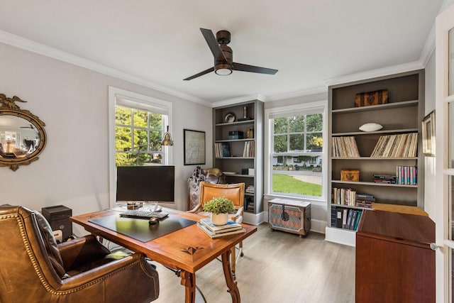 6303 Meadow Rd, Dallas, TX 75230 - office area with wood finished floors, ornamental molding, and a ceiling fan