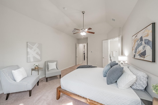 6340 Crossvine Trl, Flower Mound, TX 76226 - bedroom with light colored carpet, vaulted ceiling, and a ceiling fan
