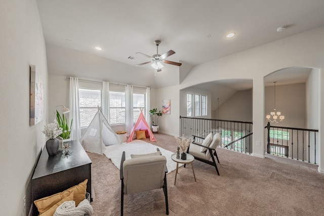 6340 Crossvine Trl, Flower Mound, TX 76226 - living area with a chandelier, ceiling fan, plenty of natural light, carpet, and recessed lighting