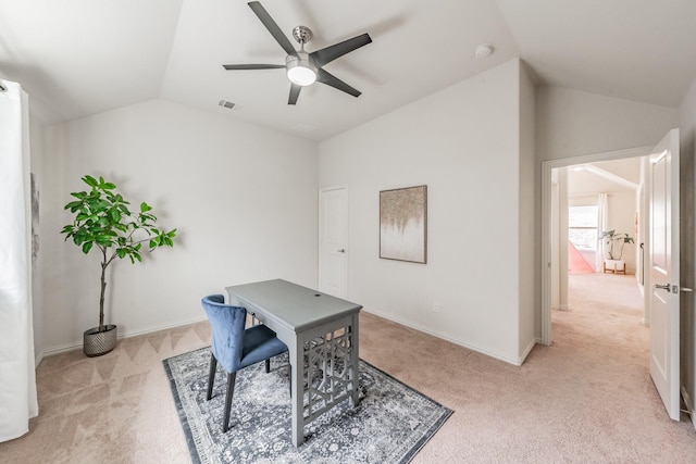 6340 Crossvine Trl, Flower Mound, TX 76226 - office featuring vaulted ceiling, light colored carpet, and a ceiling fan