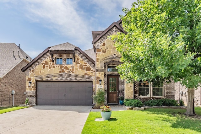 6340 Crossvine Trl, Flower Mound, TX 76226 - french country inspired facade with stone siding, concrete driveway, a garage, a front yard, and brick siding