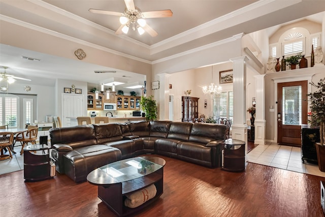 3001 Coventry Ln, Waxahachie, TX 75165 - living area with ceiling fan, healthy amount of natural light, wood finished floors, and ornamental molding