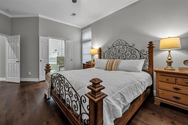 2413 London Dr, Plano, TX 75025 - bedroom with dark wood-type flooring, ornamental molding, and ensuite bath