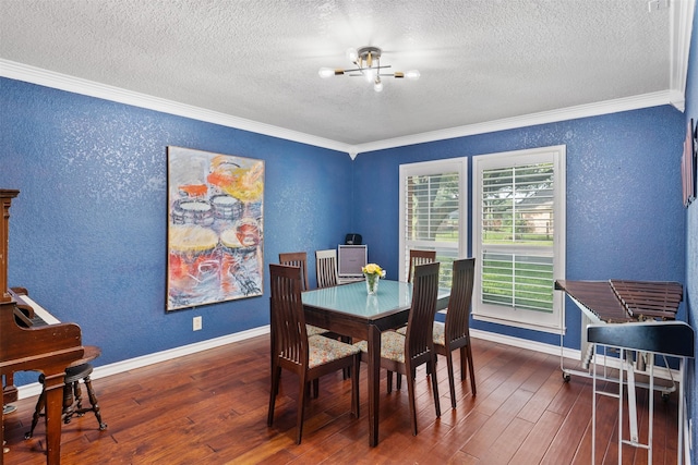 11721 Pine Creek Ct, Fort Worth, TX 76008 - dining area with crown molding, a textured ceiling, hardwood / wood-style floors, and a textured wall