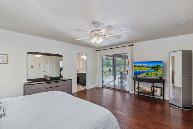 11721 Pine Creek Ct, Fort Worth, TX 76008 - bedroom with access to outside, a textured ceiling, hardwood / wood-style floors, ornamental molding, and a ceiling fan