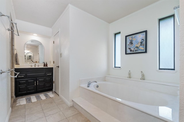 11721 Pine Creek Ct, Fort Worth, TX 76008 - bathroom featuring vanity, a garden tub, ornamental molding, plenty of natural light, and tile patterned floors