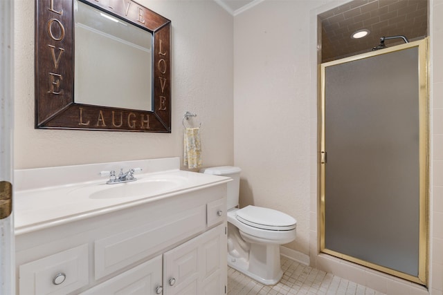 11721 Pine Creek Ct, Fort Worth, TX 76008 - bathroom with vanity, a stall shower, tile patterned flooring, and ornamental molding
