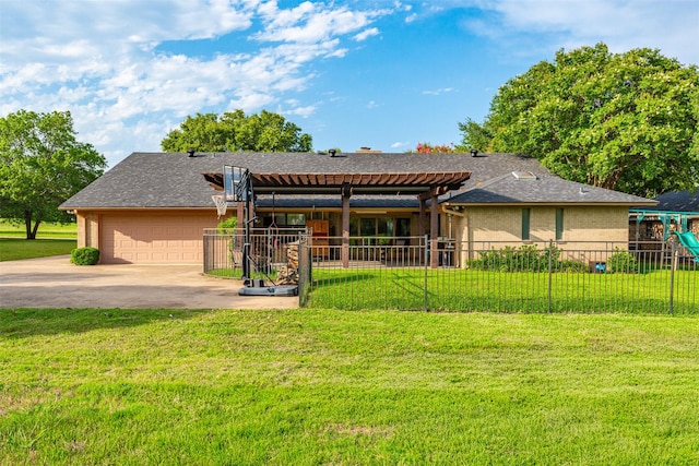 11721 Pine Creek Ct, Fort Worth, TX 76008 - single story home featuring a garage, a playground, concrete driveway, brick siding, and roof with shingles