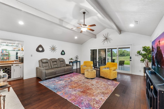 11721 Pine Creek Ct, Fort Worth, TX 76008 - living area with a bar, dark wood-style flooring, ceiling fan, and recessed lighting