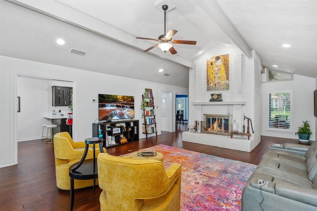 11721 Pine Creek Ct, Fort Worth, TX 76008 - living room featuring vaulted ceiling, a ceiling fan, a brick fireplace, and wood finished floors