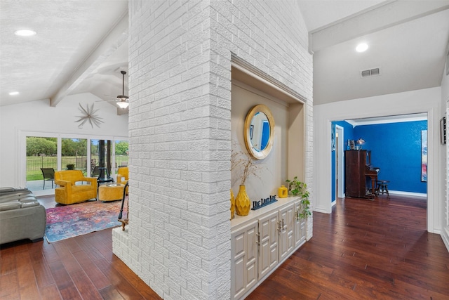 11721 Pine Creek Ct, Fort Worth, TX 76008 - hallway featuring dark wood-style floors, beam ceiling, recessed lighting, and high vaulted ceiling