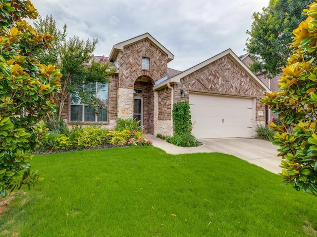 3107 Aspen Way, Melissa, TX 75454 - view of front of home with brick siding, a front yard, a garage, and driveway