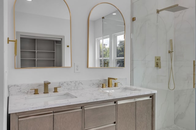 3709 Colonial Ave, Dallas, TX 75215 - full bathroom featuring double vanity, a marble finish shower, and recessed lighting