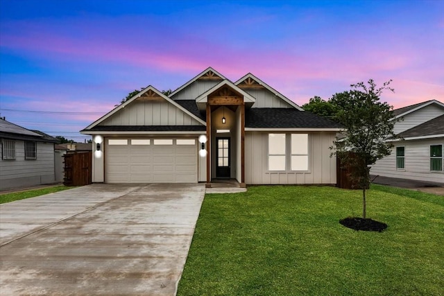 5822 Diaz Ave, Fort Worth, TX 76107 - view of front of home with board and batten siding, driveway, a garage, a front yard, and a shingled roof