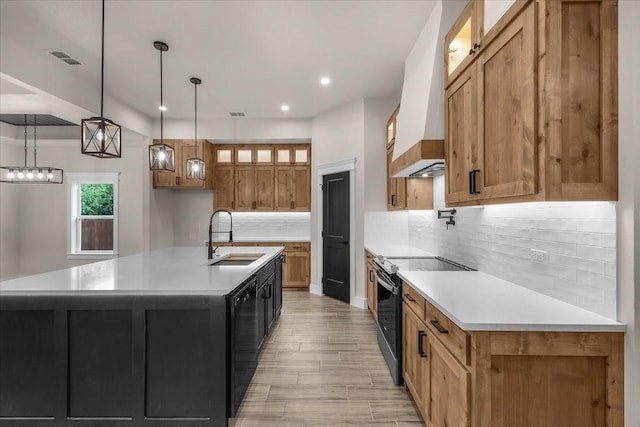 5822 Diaz Ave, Fort Worth, TX 76107 - kitchen featuring electric stove, premium range hood, black dishwasher, tasteful backsplash, and recessed lighting
