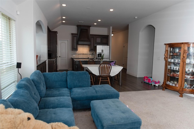 4333 Old Timber Ln, Fort Worth, TX 76036 - living area featuring arched walkways, recessed lighting, vaulted ceiling, and dark colored carpet