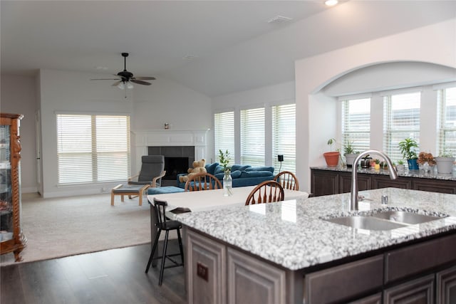 4333 Old Timber Ln, Fort Worth, TX 76036 - kitchen featuring a tiled fireplace, a ceiling fan, plenty of natural light, lofted ceiling, and open floor plan