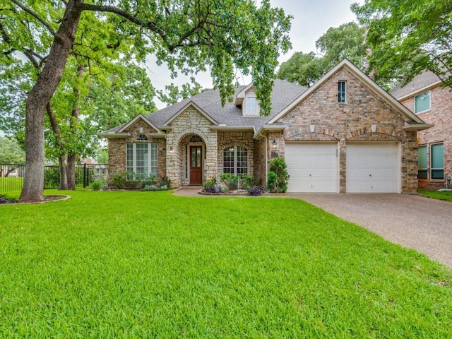 564 Austin Ct, Coppell, TX 75019 - view of front of home with a garage, asphalt driveway, stone siding, a shingled roof, and brick siding