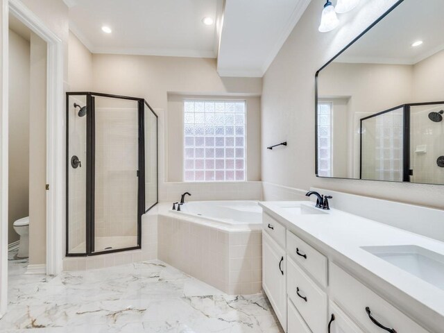 564 Austin Ct, Coppell, TX 75019 - full bath featuring a bath, a shower stall, double vanity, crown molding, and marble finish floors
