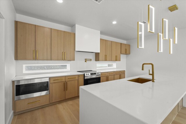 3434 Puget St, Dallas, TX 75212 - kitchen with stainless steel appliances, light countertops, light wood-style flooring, recessed lighting, and decorative light fixtures