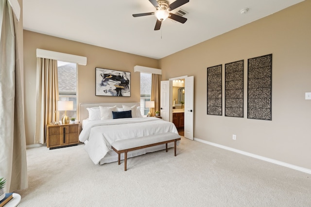 5312 Ridgeson Dr, Mckinney, TX 75071 - bedroom featuring light colored carpet, connected bathroom, and a ceiling fan