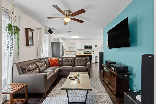 4204 Geddes Ave, Fort Worth, TX 76107 - living area featuring a ceiling fan and dark wood finished floors