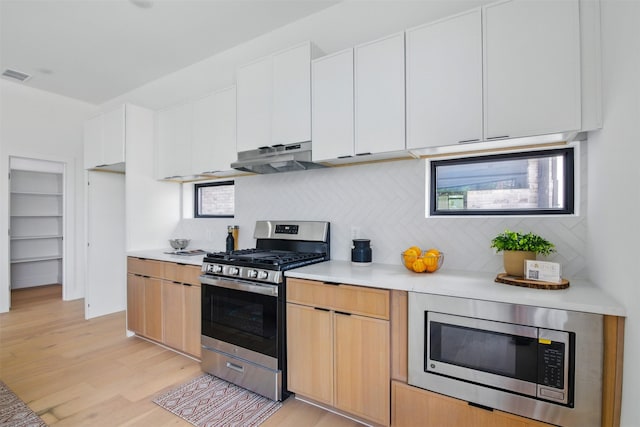 430 E 8th Unit 101, Dallas, TX 75203 - kitchen featuring appliances with stainless steel finishes, under cabinet range hood, decorative backsplash, light countertops, and light wood-style floors
