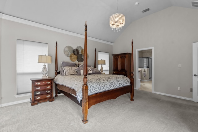 5820 Woodwind Dr, Plano, TX 75093 - bedroom featuring vaulted ceiling, a chandelier, light colored carpet, and crown molding