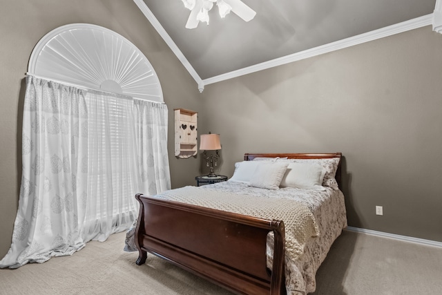 5820 Woodwind Dr, Plano, TX 75093 - carpeted bedroom with lofted ceiling, crown molding, and a ceiling fan