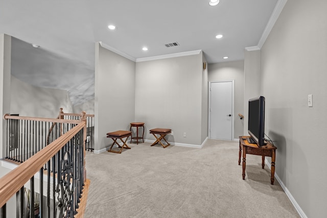 5820 Woodwind Dr, Plano, TX 75093 - sitting room featuring crown molding, carpet, recessed lighting, and an upstairs landing