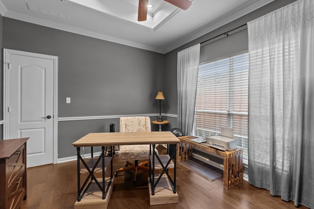 5820 Woodwind Dr, Plano, TX 75093 - home office featuring a ceiling fan, crown molding, and wood finished floors