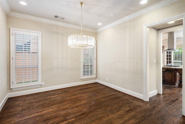 11560 Mirage Ln, Frisco, TX 75033 - unfurnished dining area featuring dark wood-type flooring, a chandelier, ornamental molding, and recessed lighting