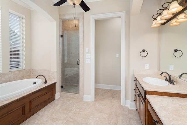 11560 Mirage Ln, Frisco, TX 75033 - bathroom featuring a stall shower, vanity, a garden tub, and ceiling fan