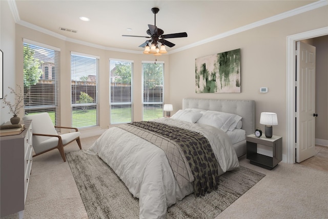 11560 Mirage Ln, Frisco, TX 75033 - bedroom with light colored carpet, ornamental molding, multiple windows, ceiling fan, and recessed lighting