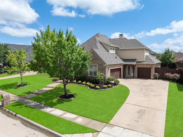 11560 Mirage Ln, Frisco, TX 75033 - view of front of home featuring brick siding, an attached garage, concrete driveway, roof with shingles, and a chimney